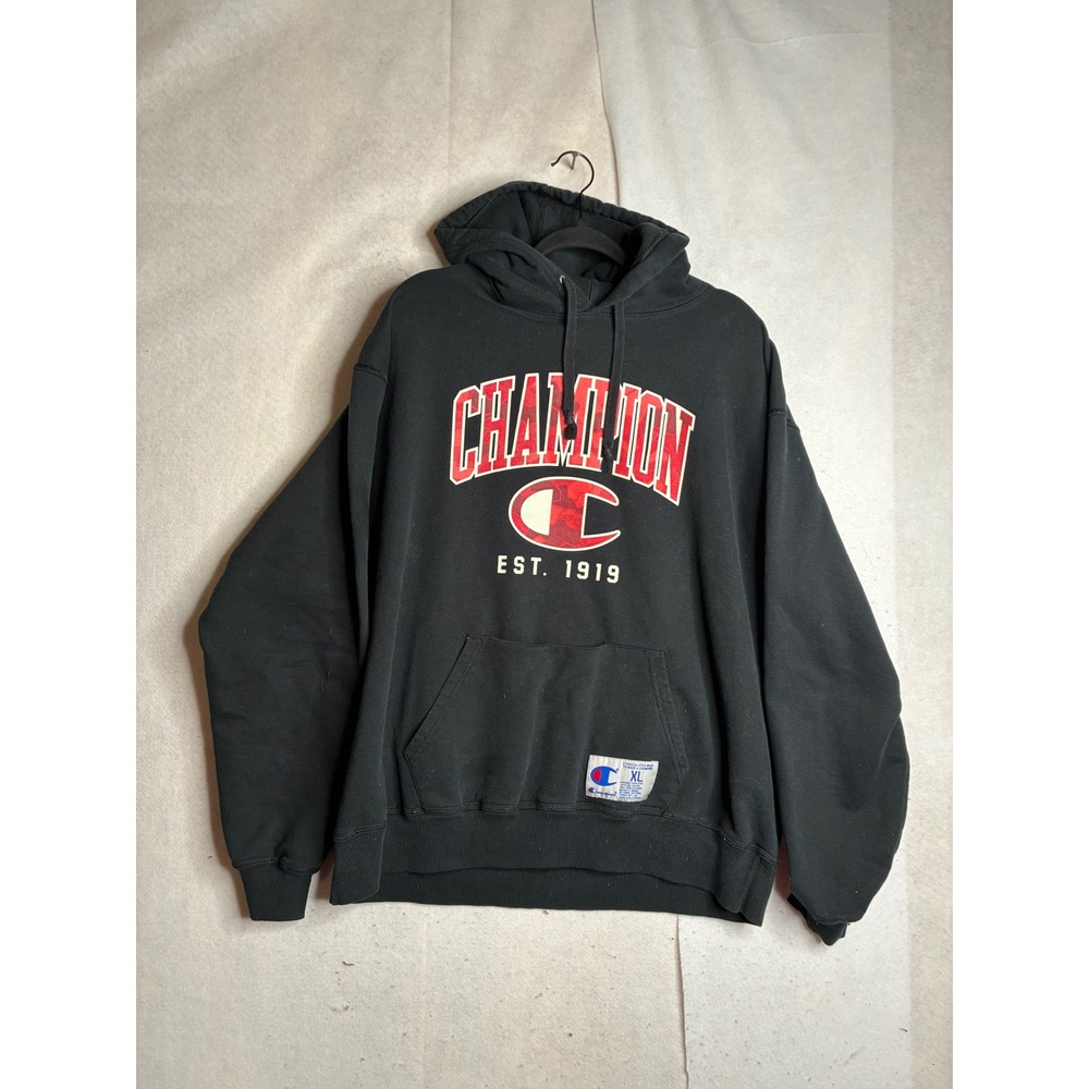 Champion Mens XL Black Red Camo Logo EST 1919 Pullover Hoodie GF53 3378